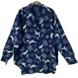 Vintage Lauren Ralph Lauren 100% Silk Shirt Size 2X Nautical Sailing Preppy Navy